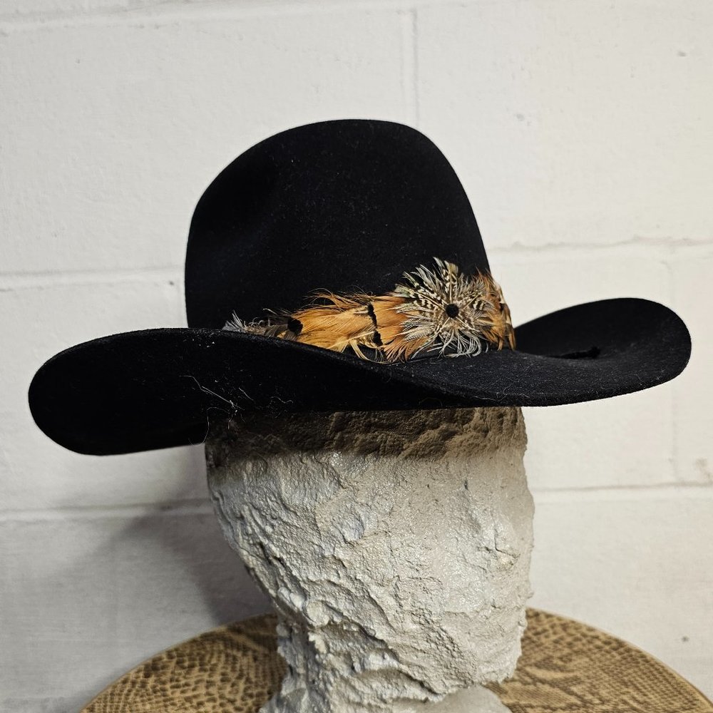 Vintage Black Felted Cowboy Hat with Black, Brown & White Feather Banding